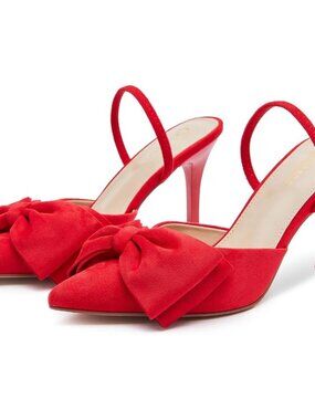 Women's Red Suede Bow Heels Slingback Pumps Suede Closed Pointed Toe Shoes